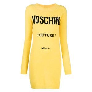 Moschino Intarsia Logo Yellow Cashmere Sweater Dress Long Sleeve Small NEW NWT